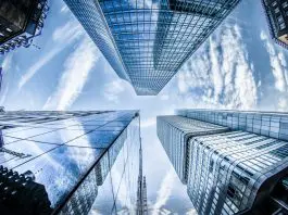 City skyscraper office buildings looking up from ground