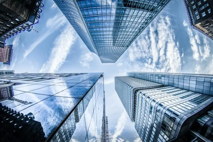 City skyscraper office buildings looking up from ground