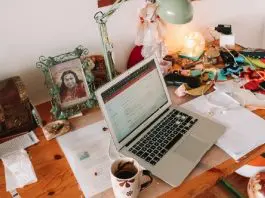 remote work desk with open laptop