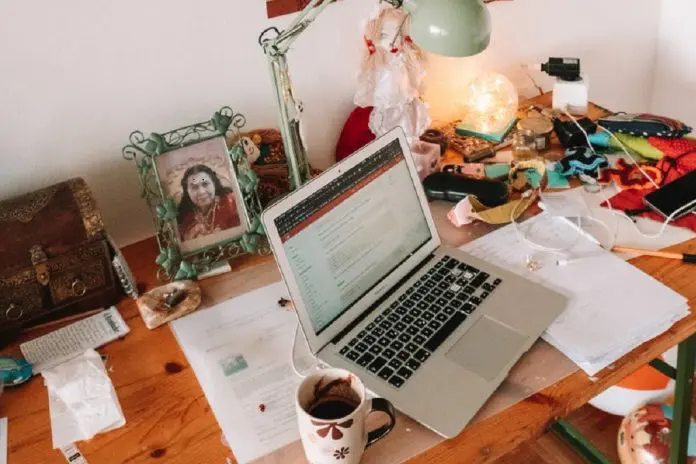 remote work desk with open laptop