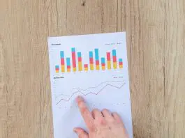 finger pointing at data graph and tables