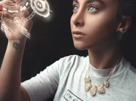 lady interacting with hologram solar system image