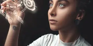 lady interacting with hologram solar system image