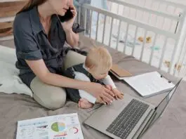 Mother working from home