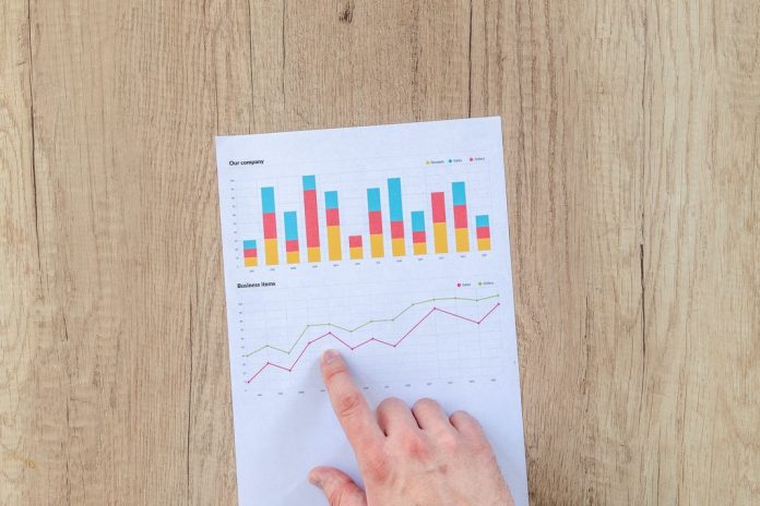 finger pointing at data graph and tables