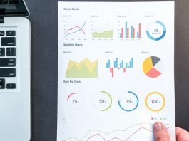 various charts on a page beside a laptop