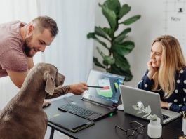man pointing out info on a laptop to a dog as woman looks on