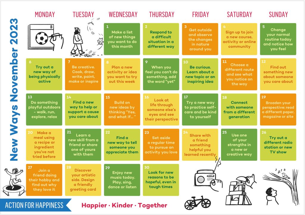 Action for Happiness November Calendar. Try something new. 